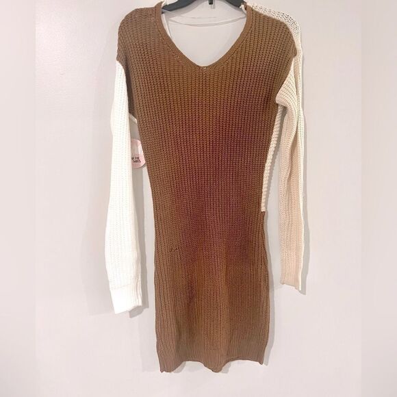 Crave Fame Juniors Colorblocked Reversible Sweater Dress Brown Cream NEW S - Picture 6 of 7